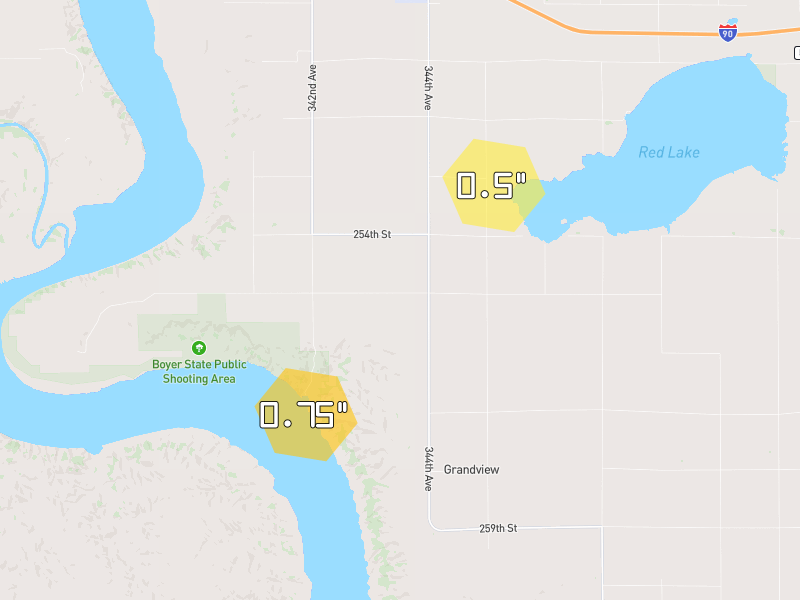 Hail map of Chamberlain, SD on Jul 1, 2026, hail up to 0.75"