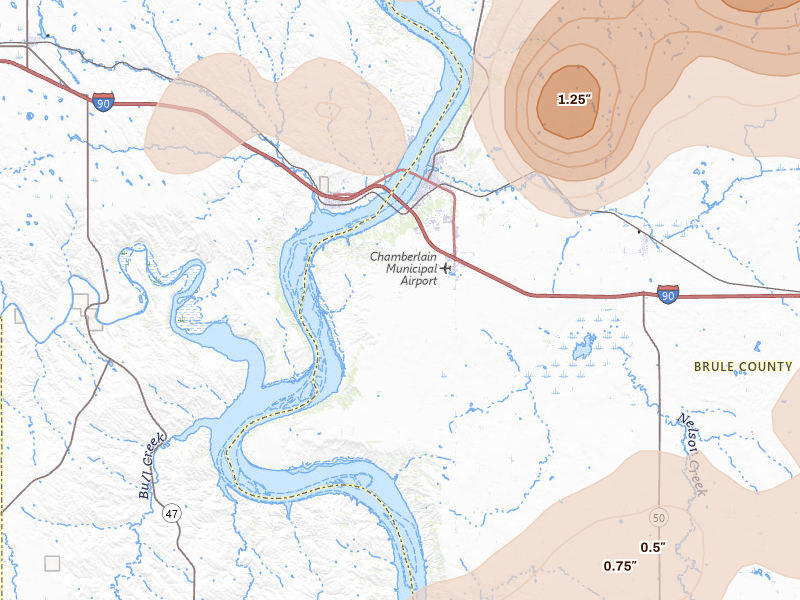 Radar-estimated hail-size map of the storm over Chamberlain, SD on Jul 2, 2026