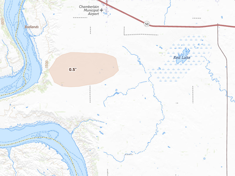 Radar-estimated hail-size map of the storm over Chamberlain, SD on Aug 12, 2026