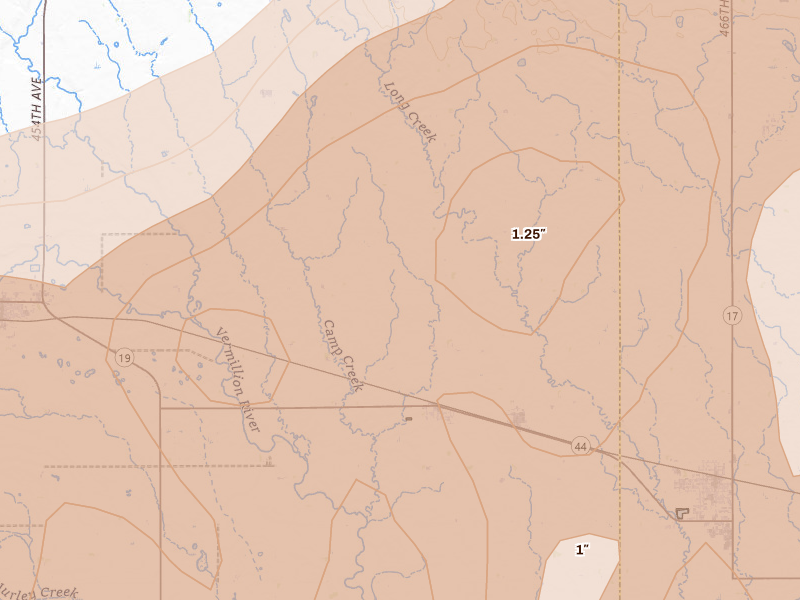 Radar-estimated hail-size map of the storm over Chancellor, SD on May 17, 2026