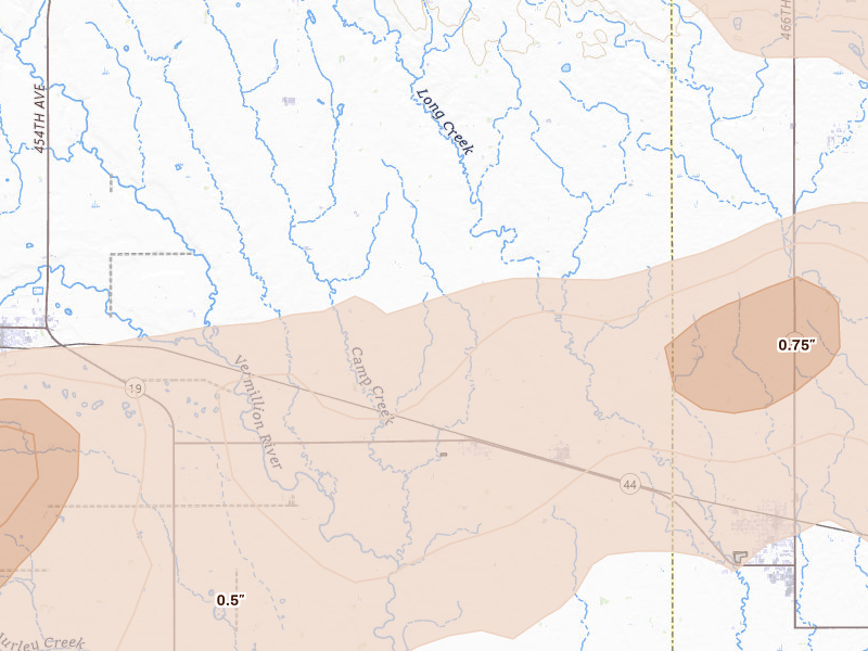 Radar-estimated hail-size map of the storm over Chancellor, SD on May 24, 2026