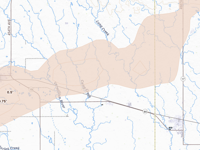 Radar-estimated hail-size map of the storm over Chancellor, SD on May 31, 2026