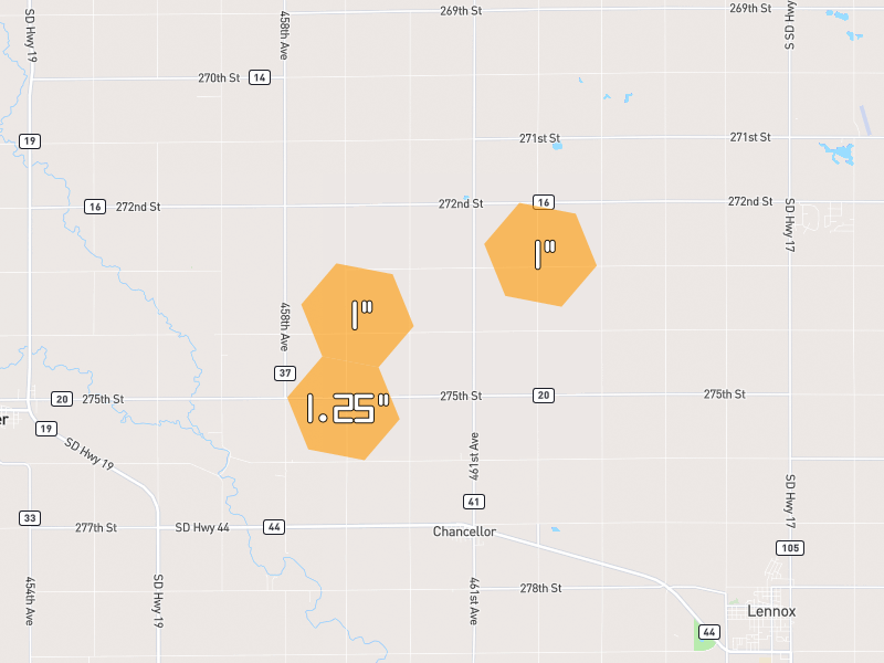 Hail map of Chancellor, SD on Jun 1, 2026, hail up to 1.25"