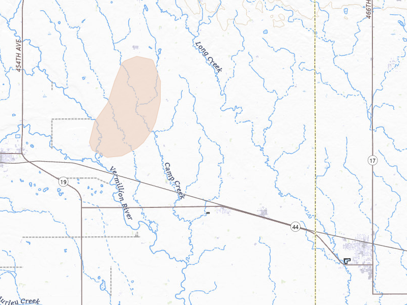 Radar-estimated hail-size map of the storm over Chancellor, SD on Jul 2, 2026