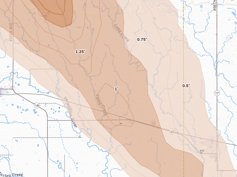 Radar-estimated hail-size map of the storm over Chancellor, SD on Aug 20, 2026