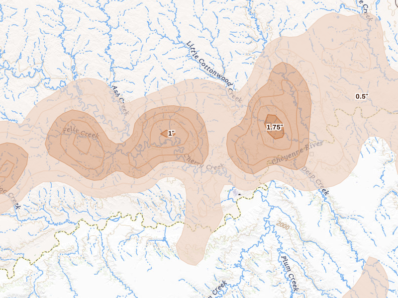 Radar-estimated hail-size map of the storm over Cherry Creek, SD on Jun 26, 2026
