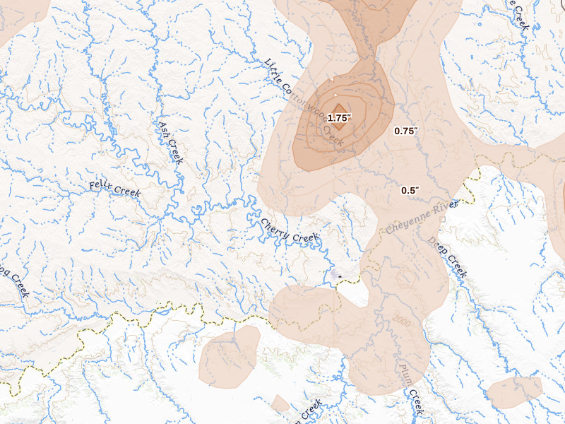 Radar-estimated hail-size map of the storm over Cherry Creek, SD on Jul 25, 2026