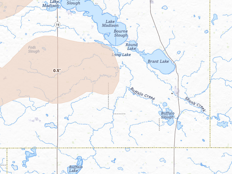 Radar-estimated hail-size map of the storm over Chester, SD on Jul 2, 2026