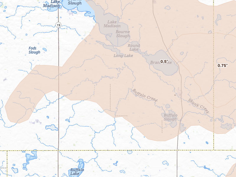 Radar-estimated hail-size map of the storm over Chester, SD on Aug 28, 2026