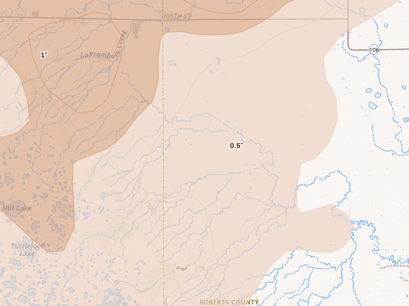 Radar-estimated hail-size map of the storm over Claire City, SD on Jun 29, 2026