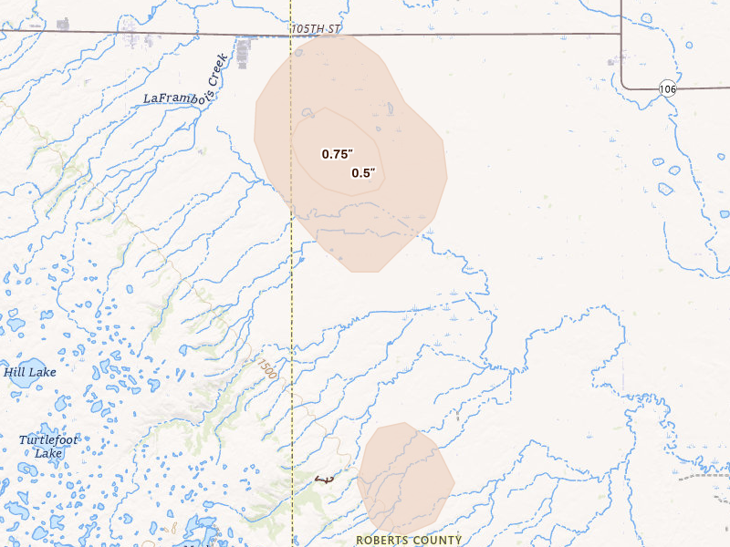 Radar-estimated hail-size map of the storm over Claire City, SD on Jul 4, 2026