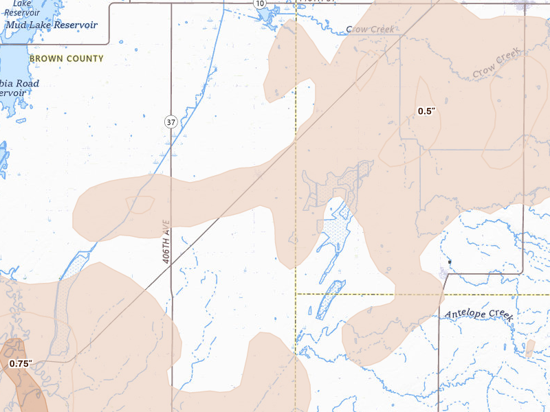 Radar-estimated hail-size map of the storm over Claremont, SD on Jul 7, 2026