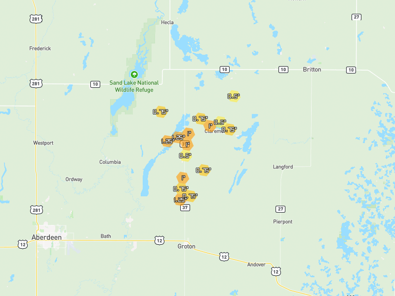 Hail map of Claremont, SD on Jul 7, 2026, hail up to 1.25"