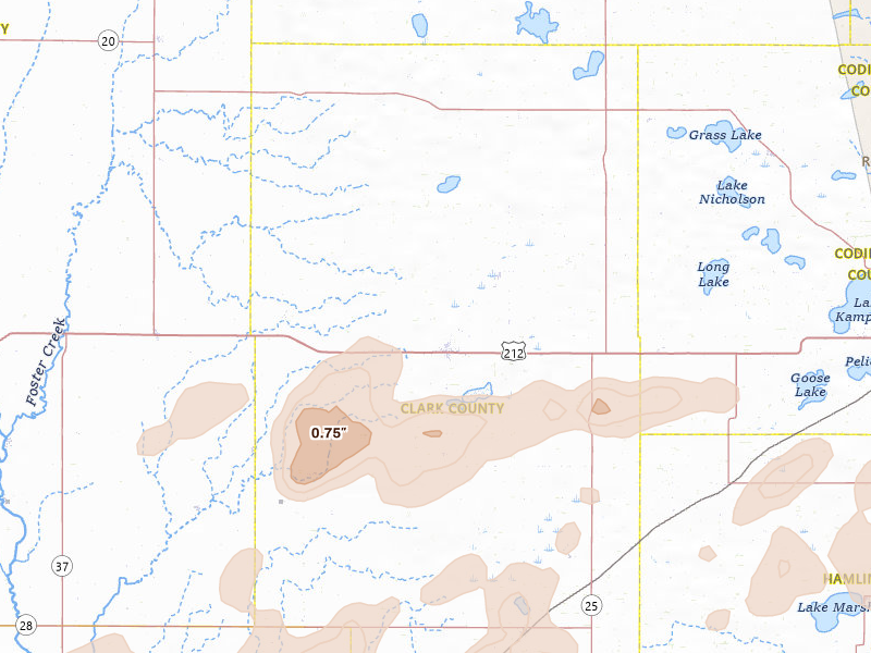 Radar-estimated hail-size map of the storm over Clark, SD on Jun 3, 2026