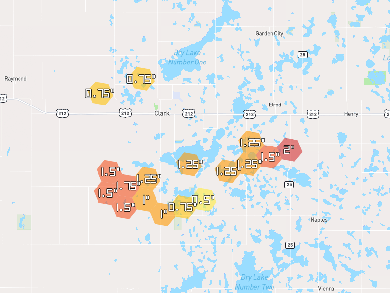 Hail map of Clark, SD on Jun 4, 2026, hail up to 2"
