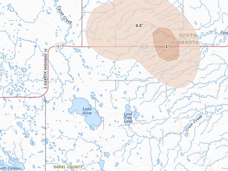 Radar-estimated hail-size map of the storm over Clear Lake, SD on Jul 10, 2026