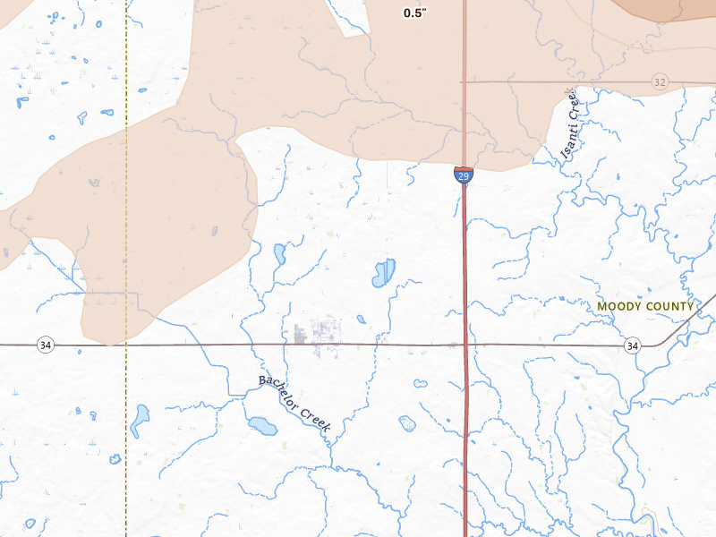 Radar-estimated hail-size map of the storm over Colman, SD on Jul 2, 2026