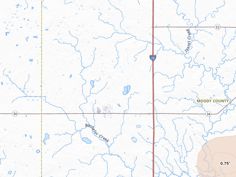 Radar-estimated hail-size map of the storm over Colman, SD on Jul 7, 2026