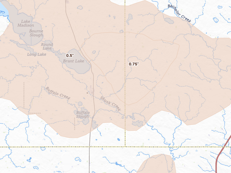 Radar-estimated hail-size map of the storm over Colman, SD on Aug 28, 2026