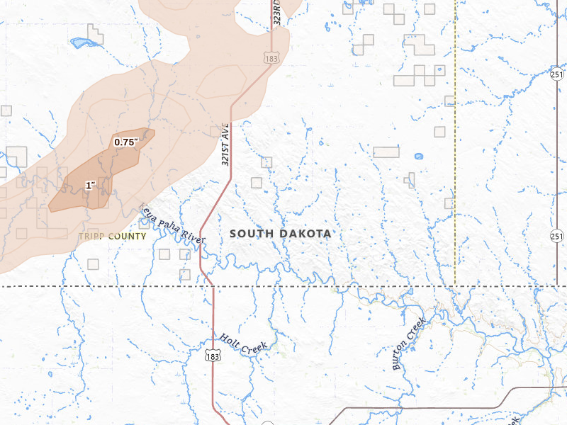 Radar-estimated hail-size map of the storm over Colome, SD on Jun 3, 2026
