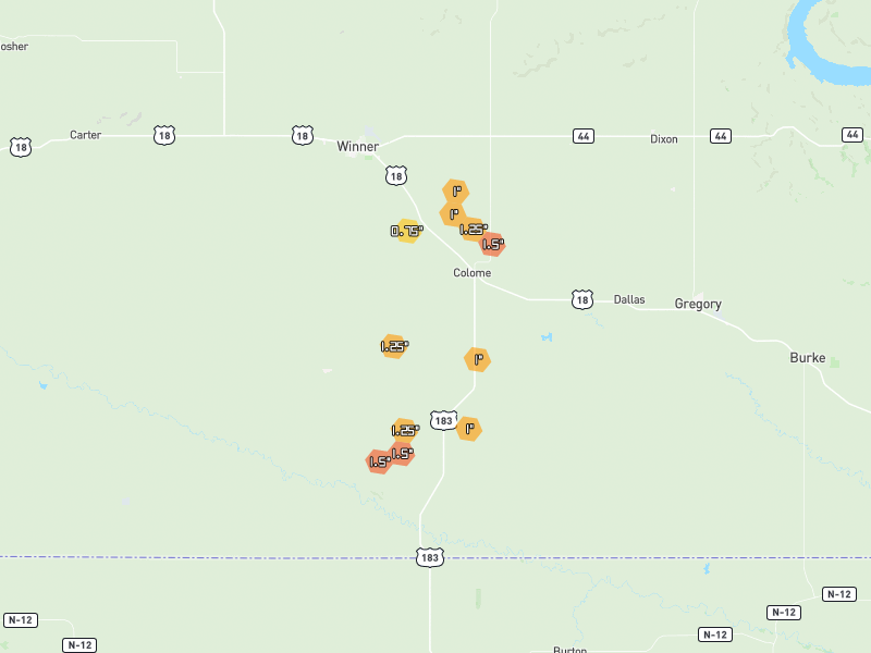 Hail map of Colome, SD on Jun 4, 2026, hail up to 1.5"