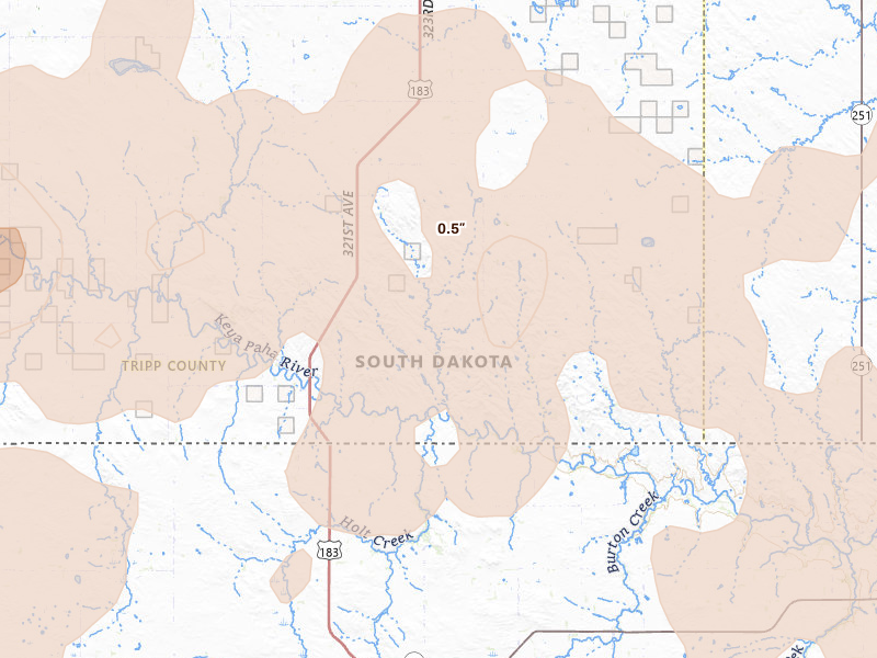 Radar-estimated hail-size map of the storm over Colome, SD on Jun 27, 2026