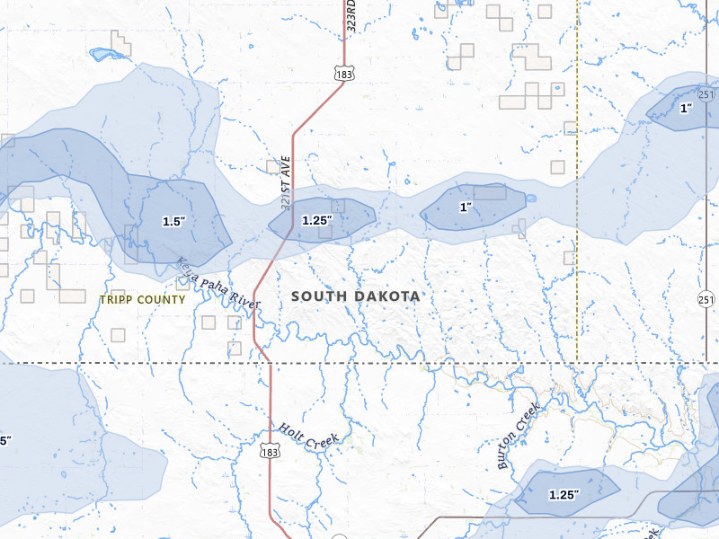 NEXRAD radar-signature map of the hail storm over Colome, SD on Jun 27, 2026