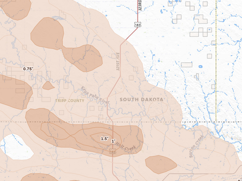 Radar-estimated hail-size map of the storm over Colome, SD on Aug 11, 2026