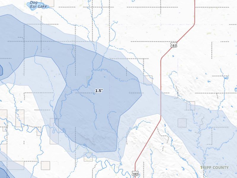 NEXRAD radar-signature map of the hail storm over Colome, SD on Aug 11, 2026