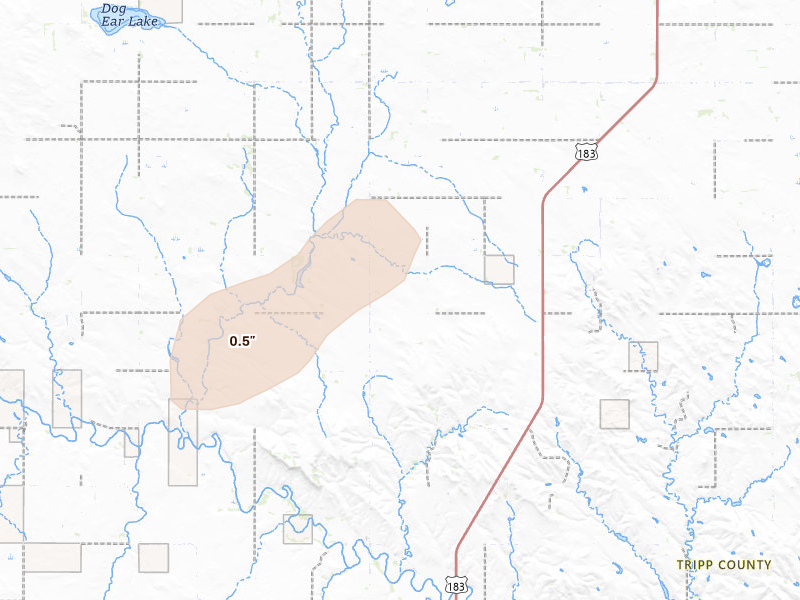 Radar-estimated hail-size map of the storm over Colome, SD on Sep 1, 2026