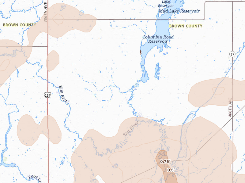 Radar-estimated hail-size map of the storm over Columbia, SD on Jul 7, 2026