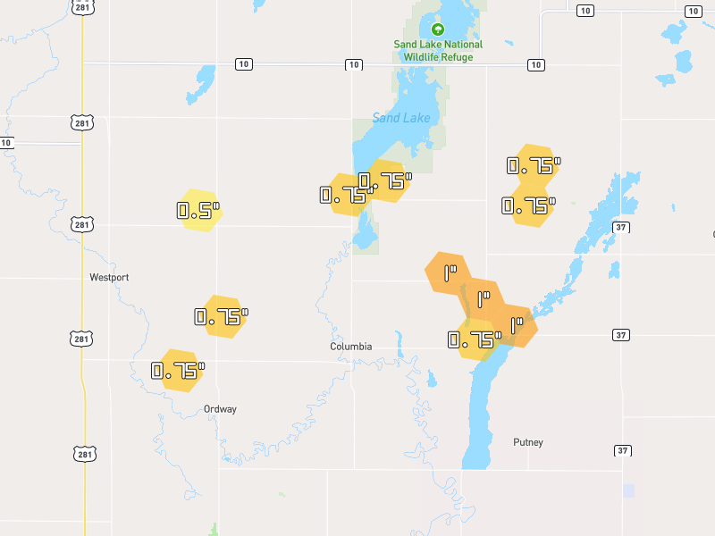 Hail map of Columbia, SD on Jul 7, 2026, hail up to 1"