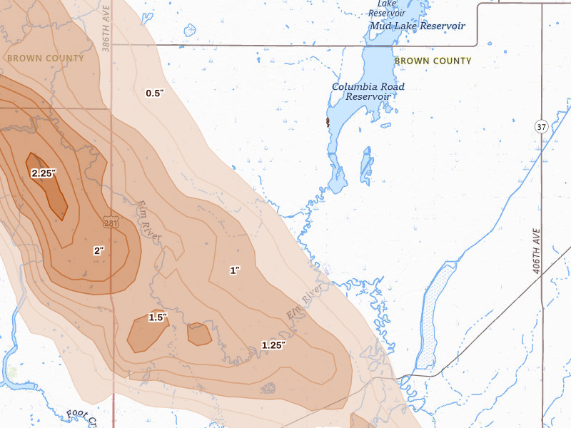 Radar-estimated hail-size map of the storm over Columbia, SD on Jul 24, 2026