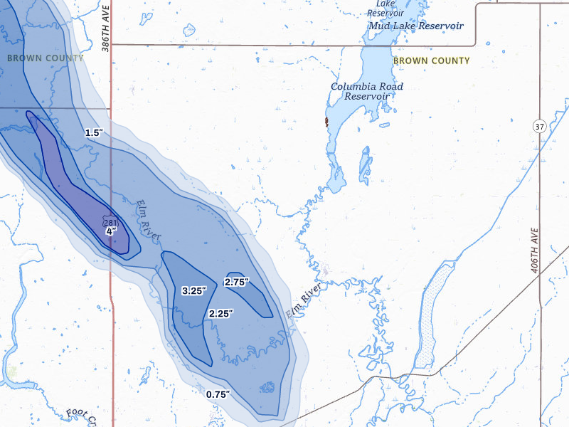 NEXRAD radar-signature map of the hail storm over Columbia, SD on Jul 24, 2026