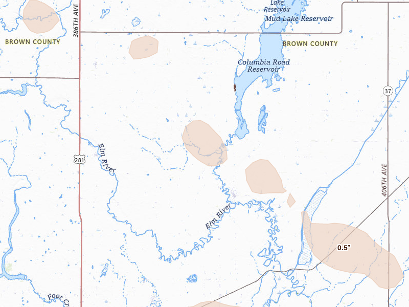 Radar-estimated hail-size map of the storm over Columbia, SD on Aug 24, 2026