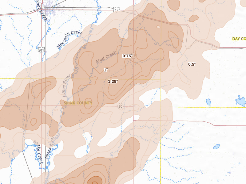 Radar-estimated hail-size map of the storm over Conde, SD on Jun 29, 2026
