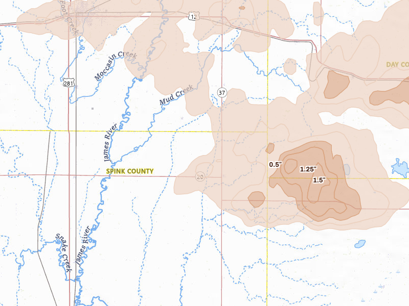 Radar-estimated hail-size map of the storm over Conde, SD on Jul 7, 2026