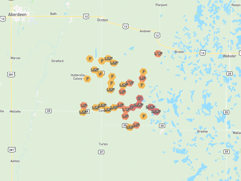 Hail map of Conde, SD on Jul 8, 2026, hail up to 2.25"