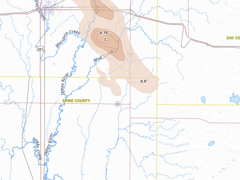 Radar-estimated hail-size map of the storm over Conde, SD on Jul 24, 2026