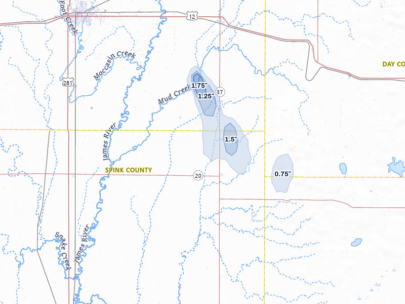 NEXRAD radar-signature map of the hail storm over Conde, SD on Jul 24, 2026