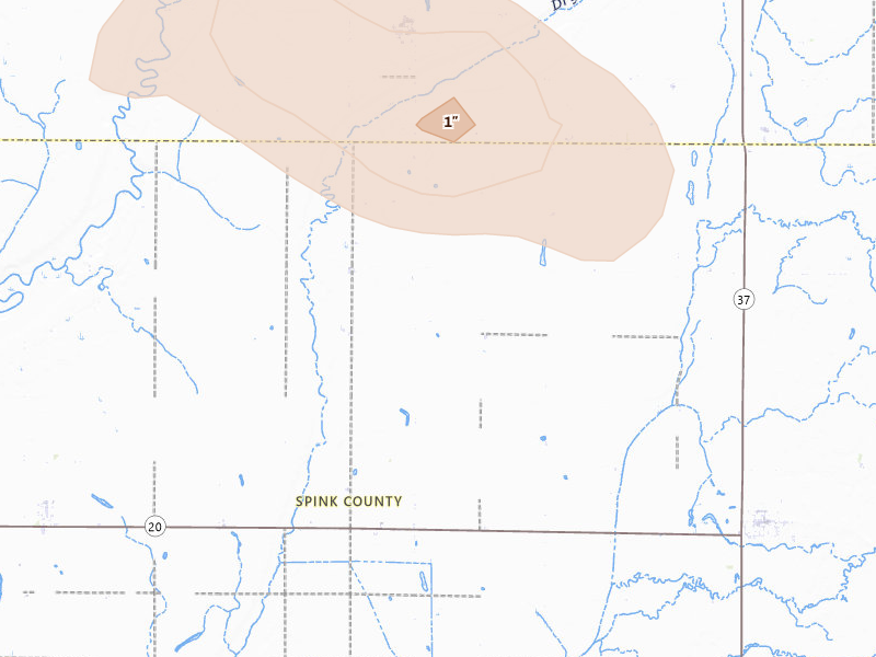 Radar-estimated hail-size map of the storm over Conde, SD on Aug 24, 2026
