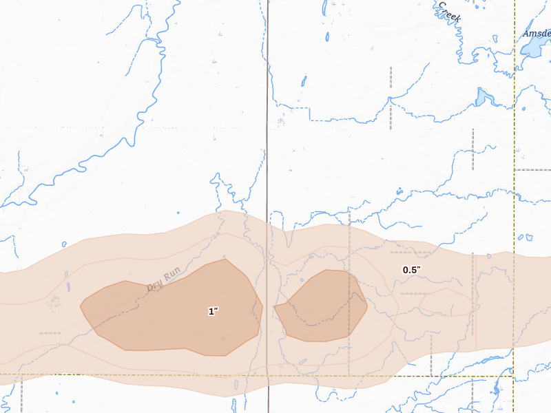 Radar-estimated hail-size map of the storm over Conde, SD on Aug 29, 2026
