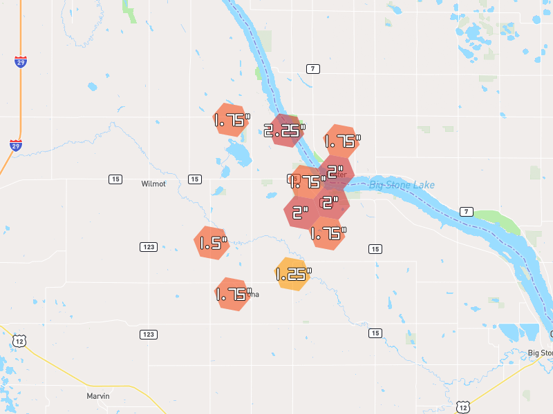 Hail map of Corona, SD on Jul 7, 2026, hail up to 2.25"
