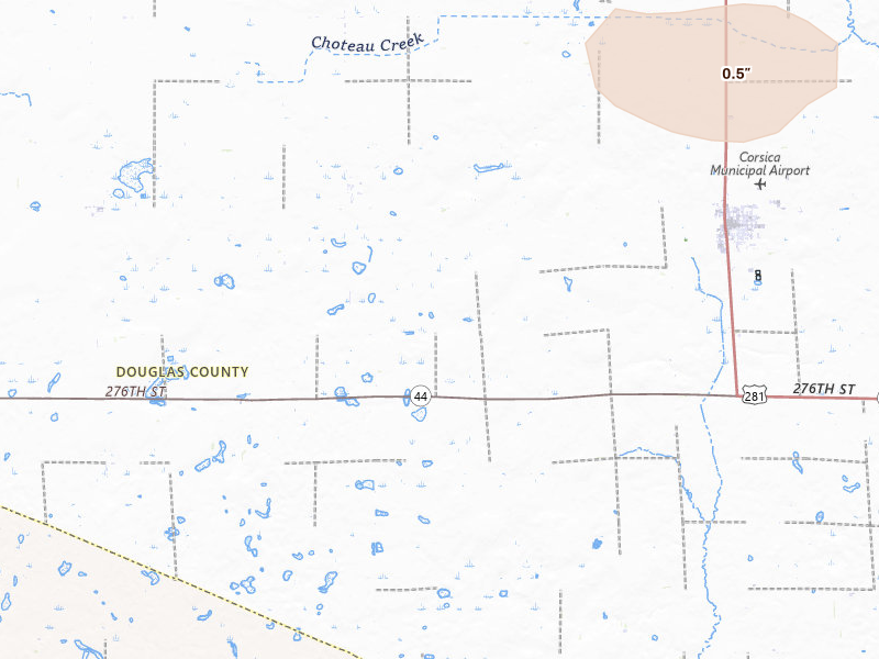 Radar-estimated hail-size map of the storm over Corsica, SD on Jul 25, 2026