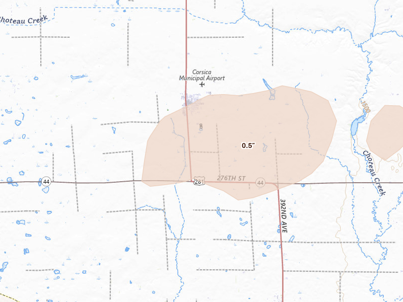 Radar-estimated hail-size map of the storm over Corsica, SD on Aug 3, 2026
