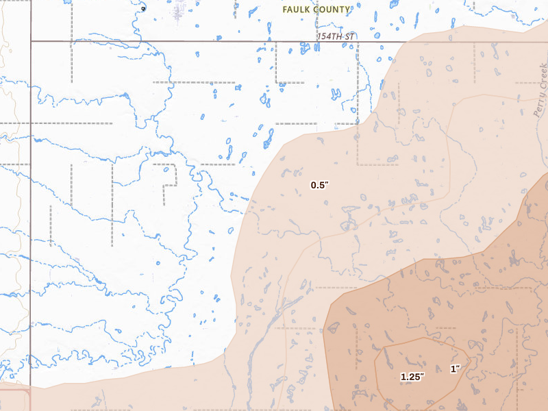 Radar-estimated hail-size map of the storm over Cresbard, SD on Jun 29, 2026
