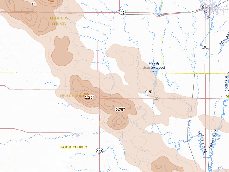 Radar-estimated hail-size map of the storm over Cresbard, SD on Aug 8, 2026