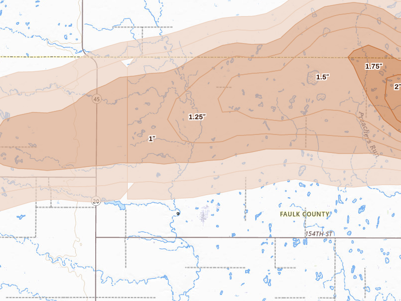 Radar-estimated hail-size map of the storm over Cresbard, SD on Aug 29, 2026