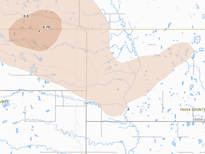 Radar-estimated hail-size map of the storm over Cresbard, SD