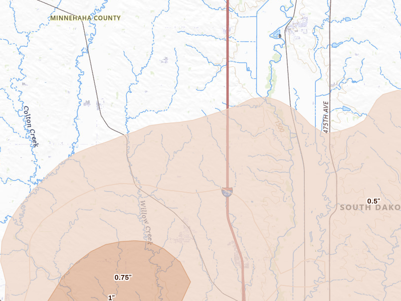 Radar-estimated hail-size map of the storm over Crooks, SD on Jul 2, 2026